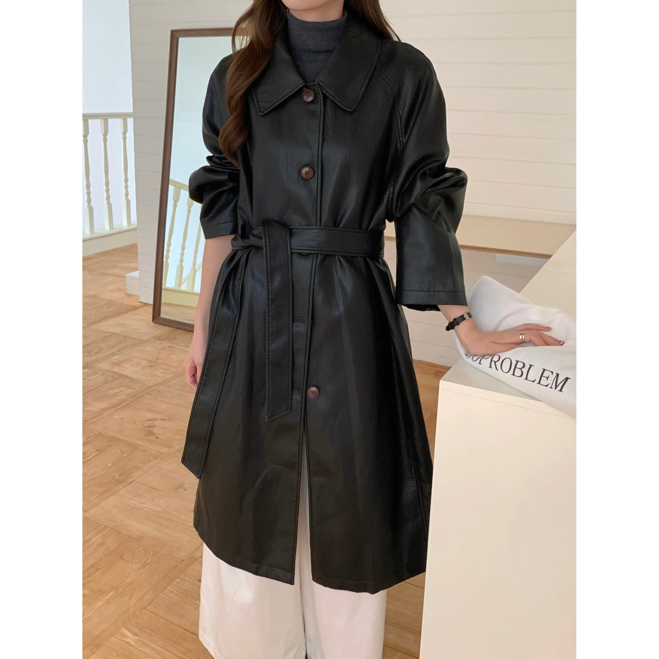 

Женское длинное пальто выше колена с поясом, осень-зима, модное утягивающее высококачественное пальто с лацканами, универсальная верхняя одежда Dongda Gate