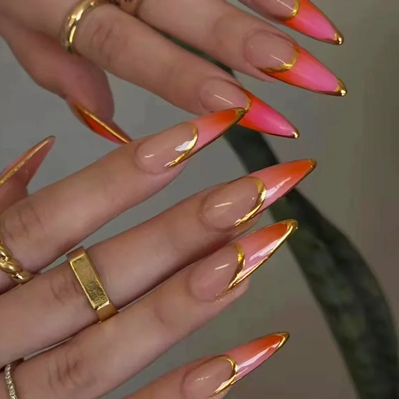 24pcs Simple Long Stiletto Press on False Nails Tips Fashion Cat's Eye French Almond Nails Art with Gilded Design Blue Fake Nail 5
