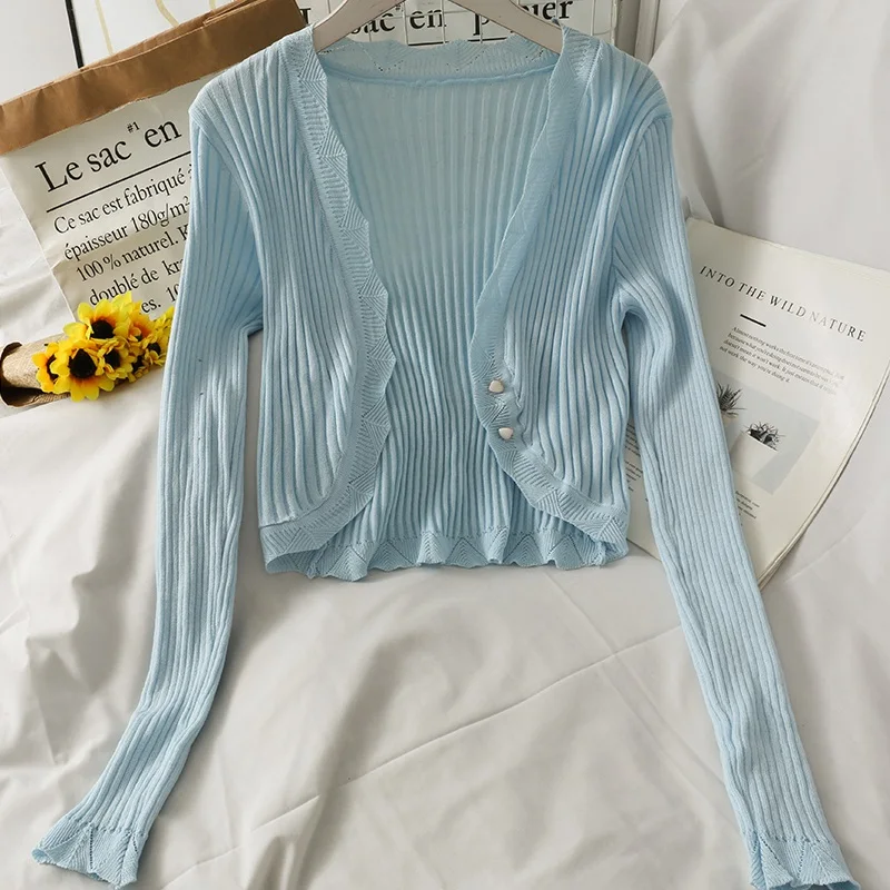 Summer Sunscreen Cardigan Women Thin Knitted Long-Sleeve Top Female Breathable Irregular Slim Fit Air Conditioner Clothing