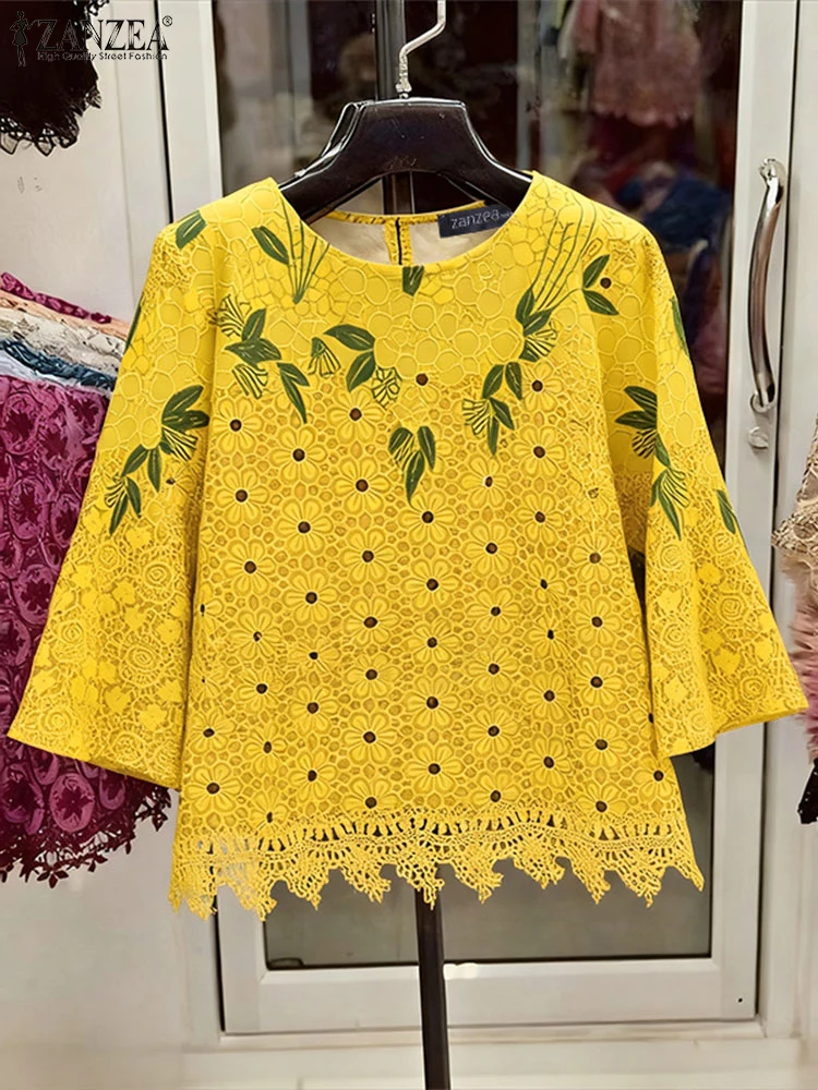 ZANZEA mode Vintage femmes Blouses 3/4 manches imprimé fleuri hauts 2025 automne col rond HolidayShirts décontracté femme Blusas vêtements
