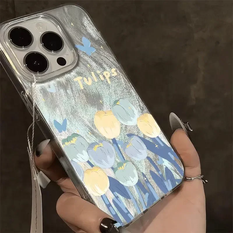 Etui na telefon Ins Blue and yellow tulips do iPhone 16Pro Max 15 14 13 12 11 XR XS Max 78 Y2K Feather gauzeMiękkie etui na telefon chroniące przed