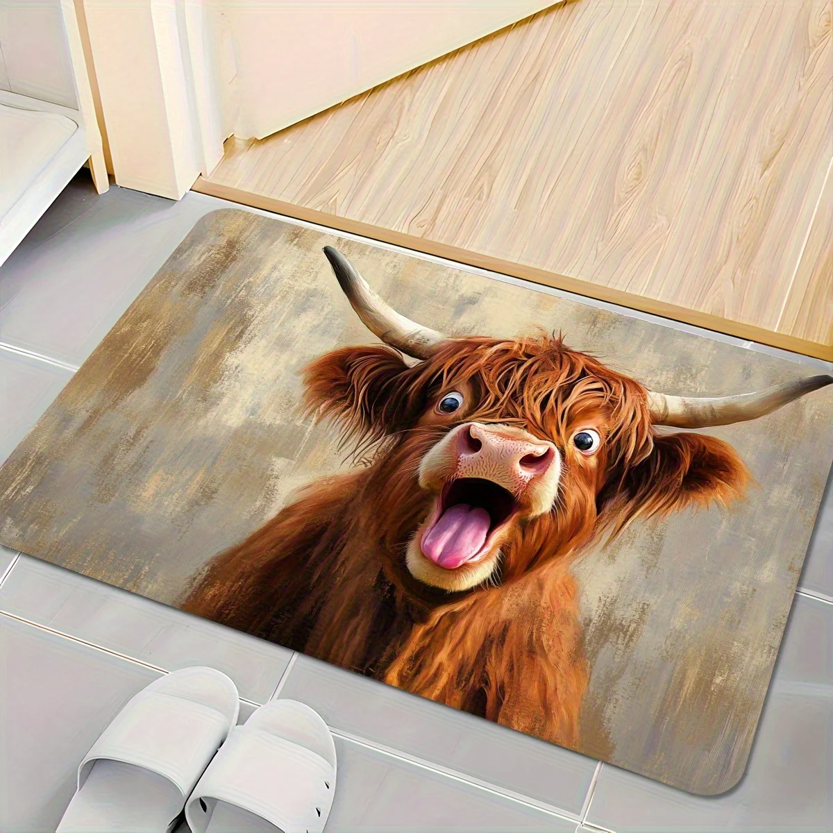 Funny Highland Cow Open Mouth Flannel Floor Mat, Rustic Farm Animal Print Anti-Slip Absorbent Rug for Kitchen & Living Room,