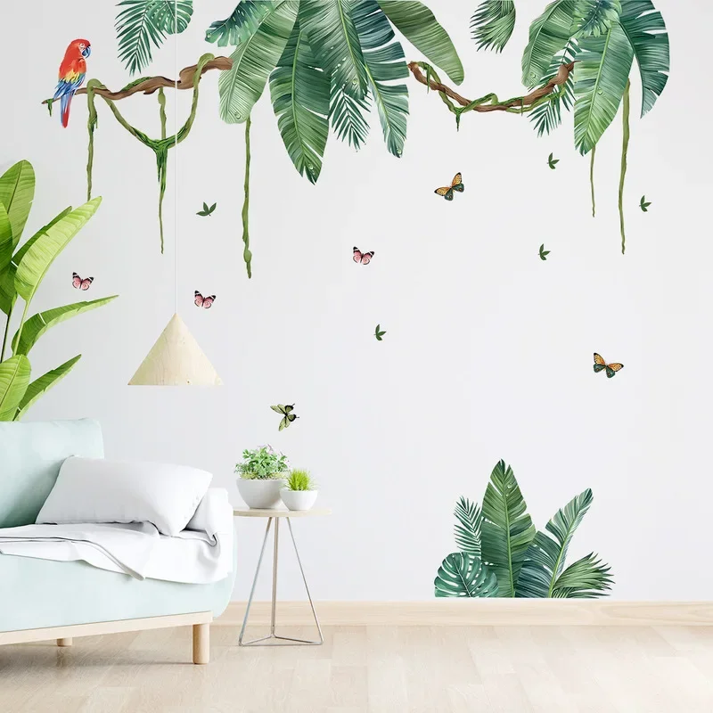 Tropical Style Self-adhesive Wall Stickers Jungle Parrot Butterflies And Palm Leaves Home Decor for Living Room and Bedroom Glow