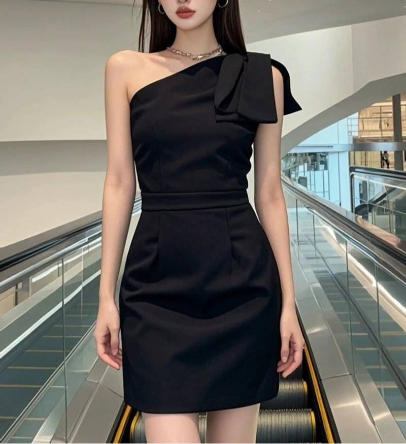 

Elegant Bow Tie Black Dress Off Shoulder Summer New French Style Waist A Line Dress
