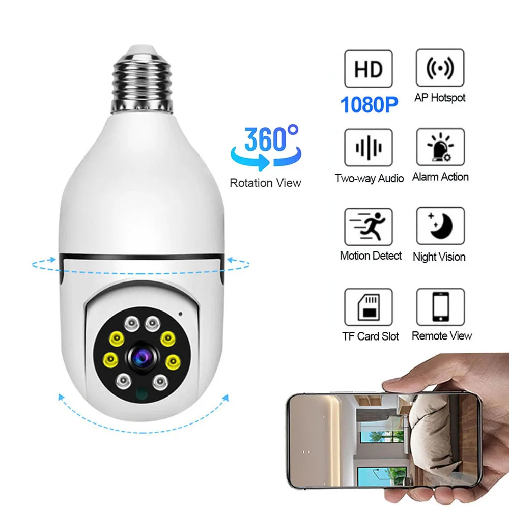 Câmera de Visão Noturna Inteligente Sem Fio Tuya, Monitor de Segurança Doméstica, Lâmpada Monit do Bebê, Lâmpada LED Tuya, E27, 1080P, WiFi, 2.4G