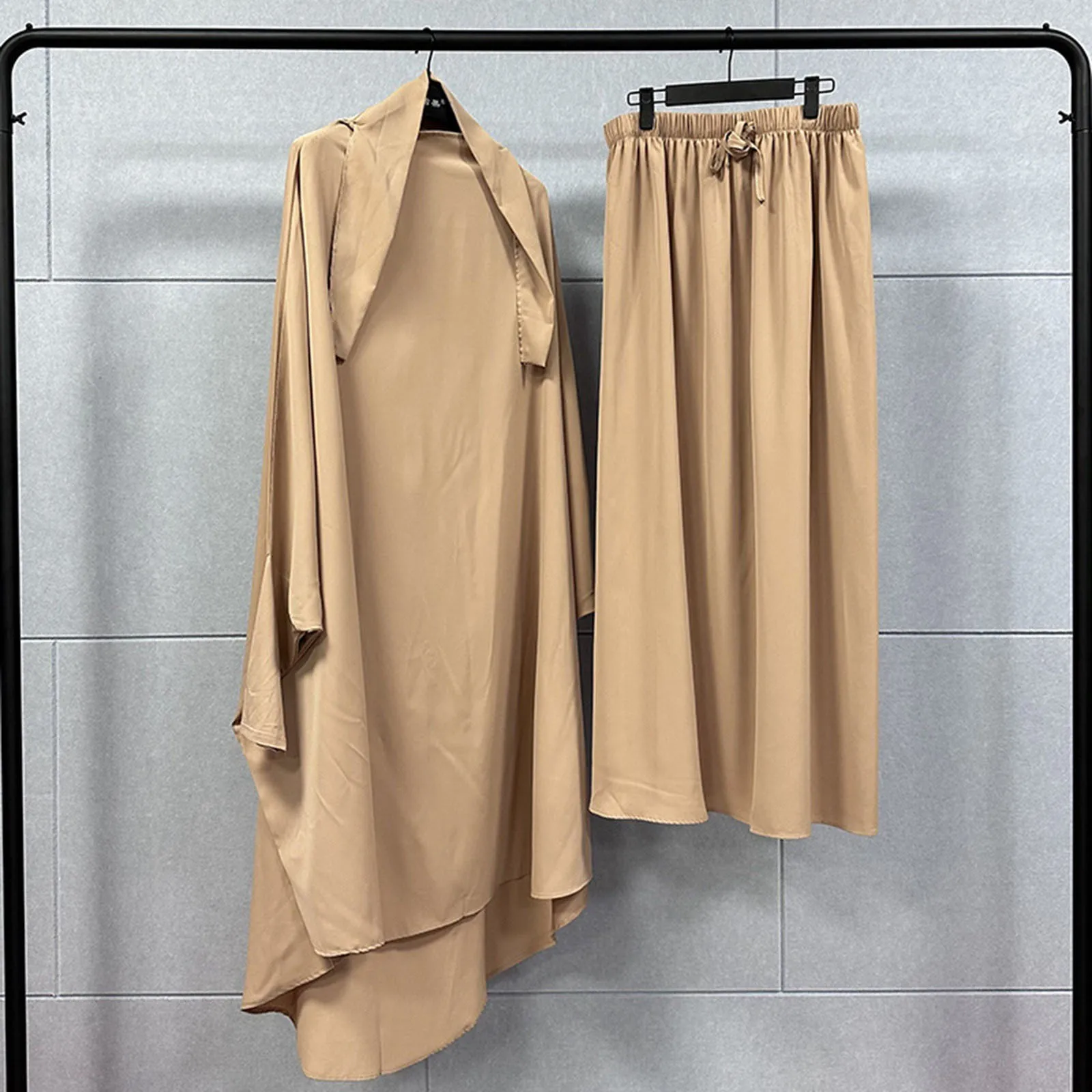 

Women Muslim Outfits Solid Color Chiffon Dress Set Long Sleeve Prayer Shirt And Skirt Ramadan Abayas Sets Gown Islamic Robe