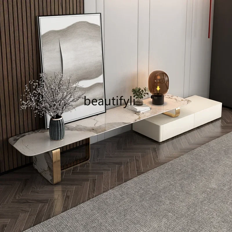 Villa telescopic rock slab TV cabinet coffee table combination paint process TV floor cabinet9338