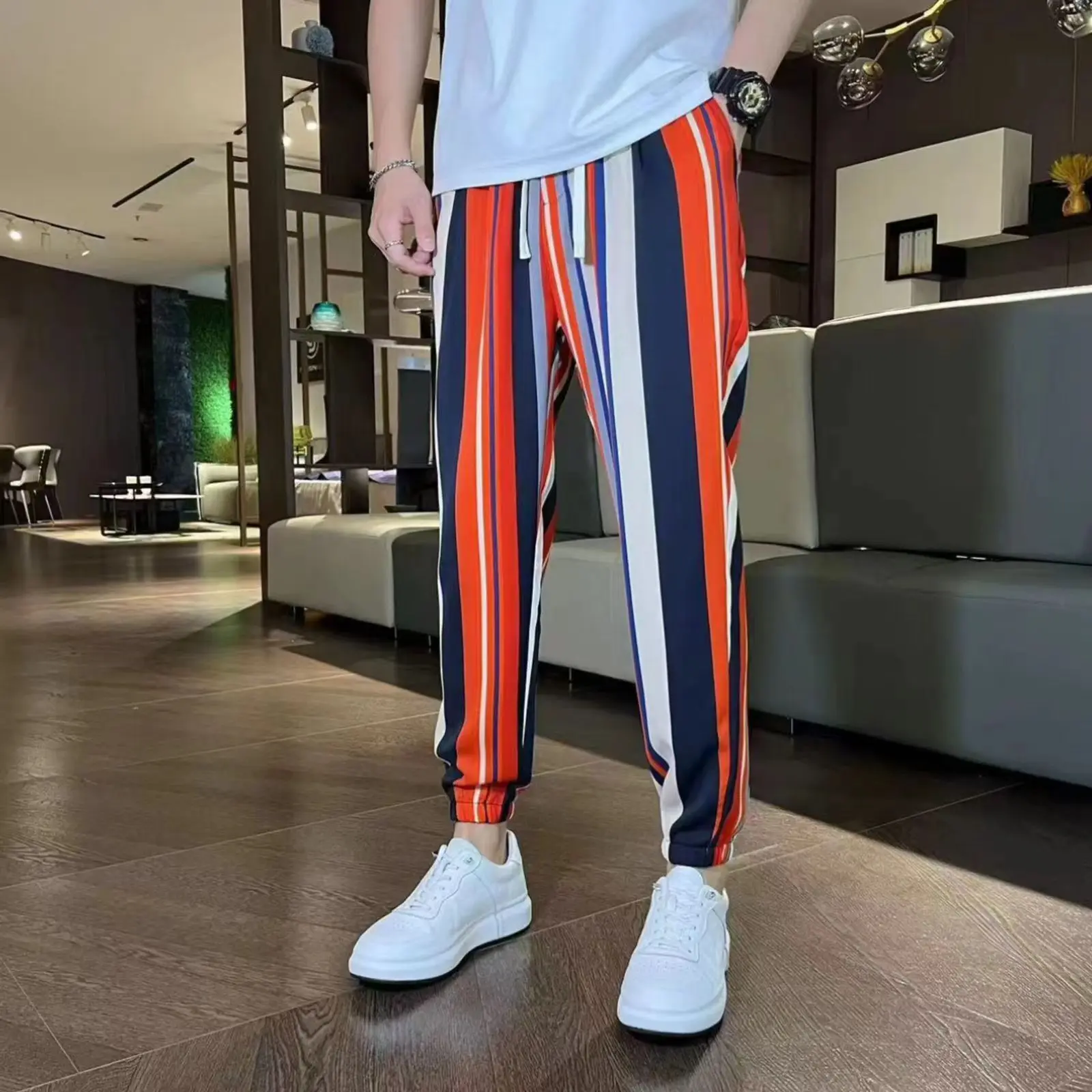 Summer Ice Silk Color stripe Men Pants Contrast Colors Gradient Loose Baggy Match Top Trousers Elastic Waist Men Pants