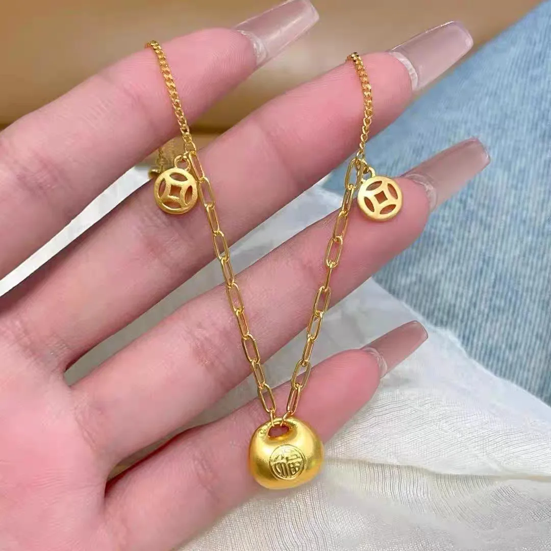 Mylux Jewelry Luxury 24K 9999 Pure Gold real gold Xiaopang Fu Set Chain Niche Design Women's Neck Chain Clavicle Chain