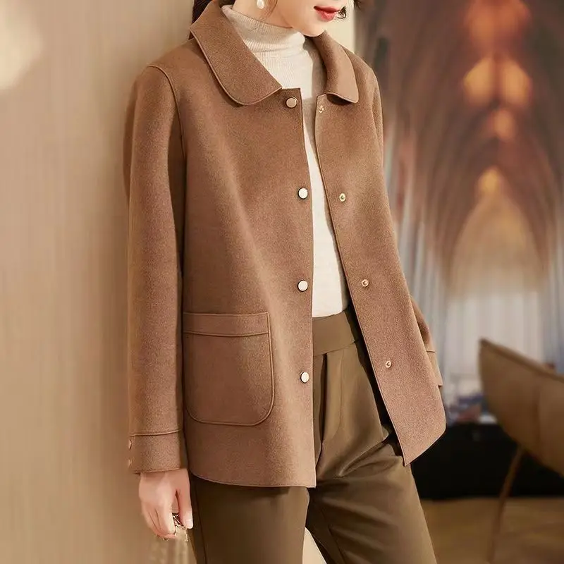 Middle-aged mother spring and autumn double-sided coat fashion middle-aged and elderly thin cashmere woolen top large size gown