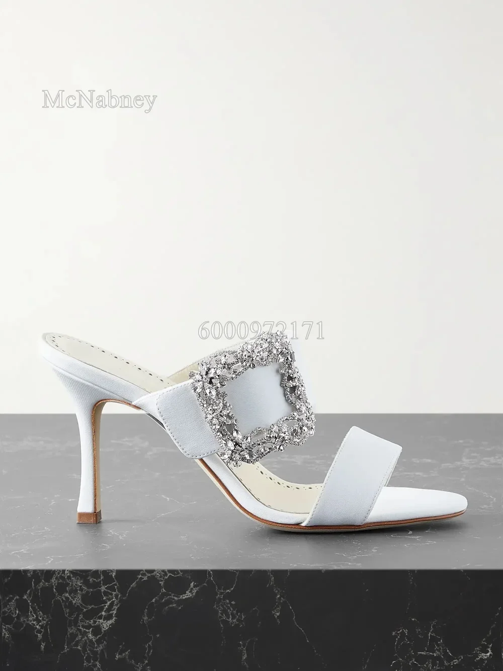 

Solid Suede Rhinestone Square Buckle Slippers Round Open Toe Pull-on Thin High Heels Slip-on Female Sexy Shoe Luxury 2025 New
