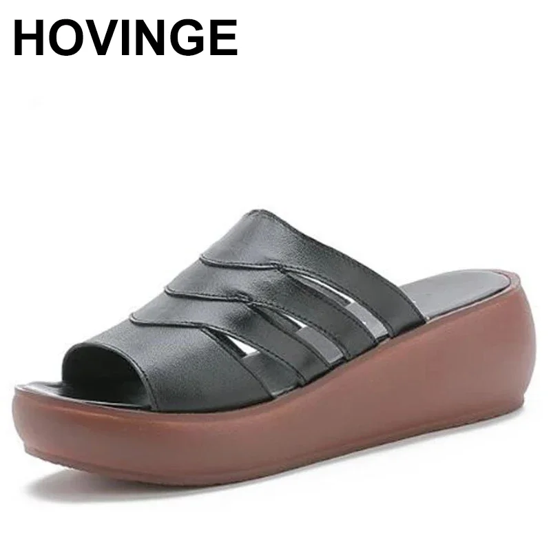 

HOVINGE New Fish Mouth Summer Genuine Leather Slippers Women Sandal Shoes Comfort Elegant Wedges Slippers Fashion Casual Sandal