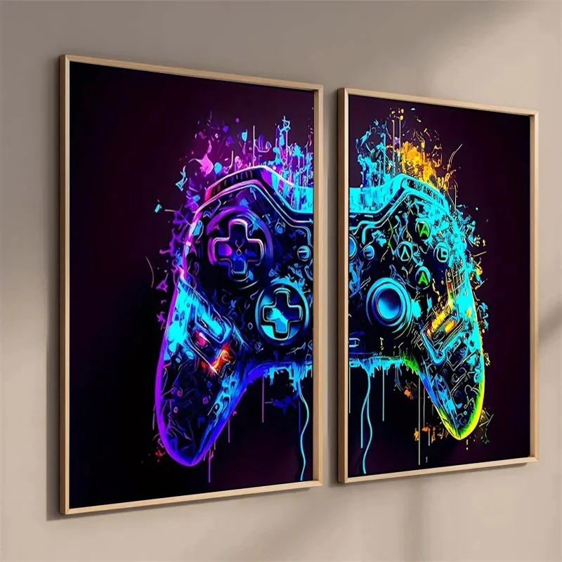 הדפסת פוסטר של בקר משחקים תחרותי בצבעים, אמנות קנבס נאון מודרנית לחדר השינה, חדר משחקים, עיצוב לבית לחדר הילדים