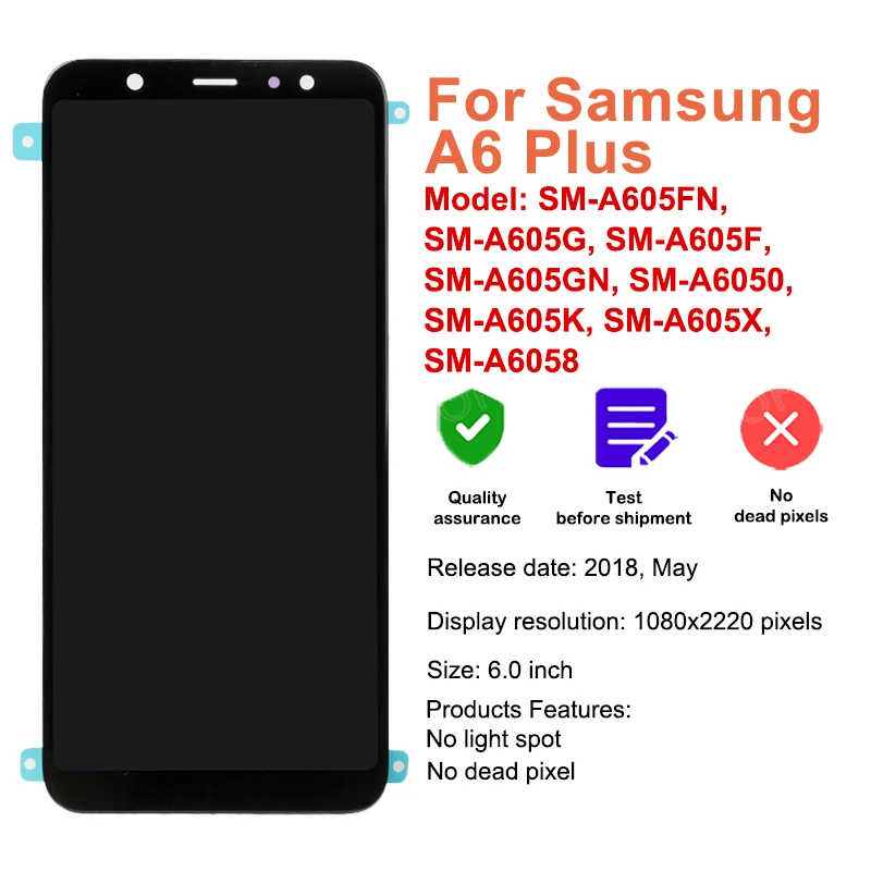 LCD Para Samsung Galaxy A6 Plus 2018 A605 Display Touch Screen Digitador Assembléia Para Samsung A6 Plus A605 A605F A605G LCD