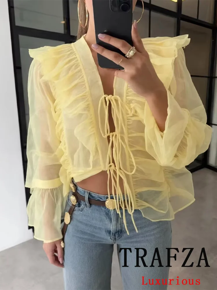

TRAFZA Sweet French Chic Women Blouse Yellow Ruffled Tie-Front Flared Sleeve Shirt New Fashion Summer 2025 Daily Vacation Blouse