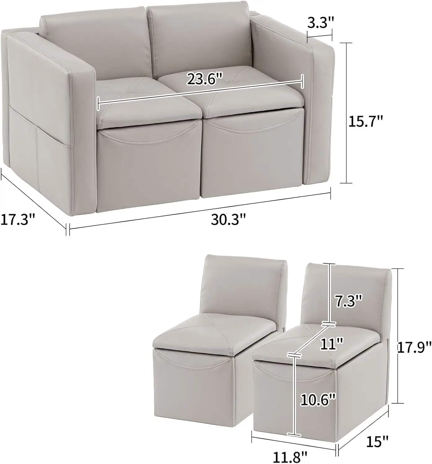 2-in-1 Double Set Sofa Convert to Table & 2 Chairs, Children Boys Girls Couch Armrest Chair with Storage Box (ZKL-111K-Grey)