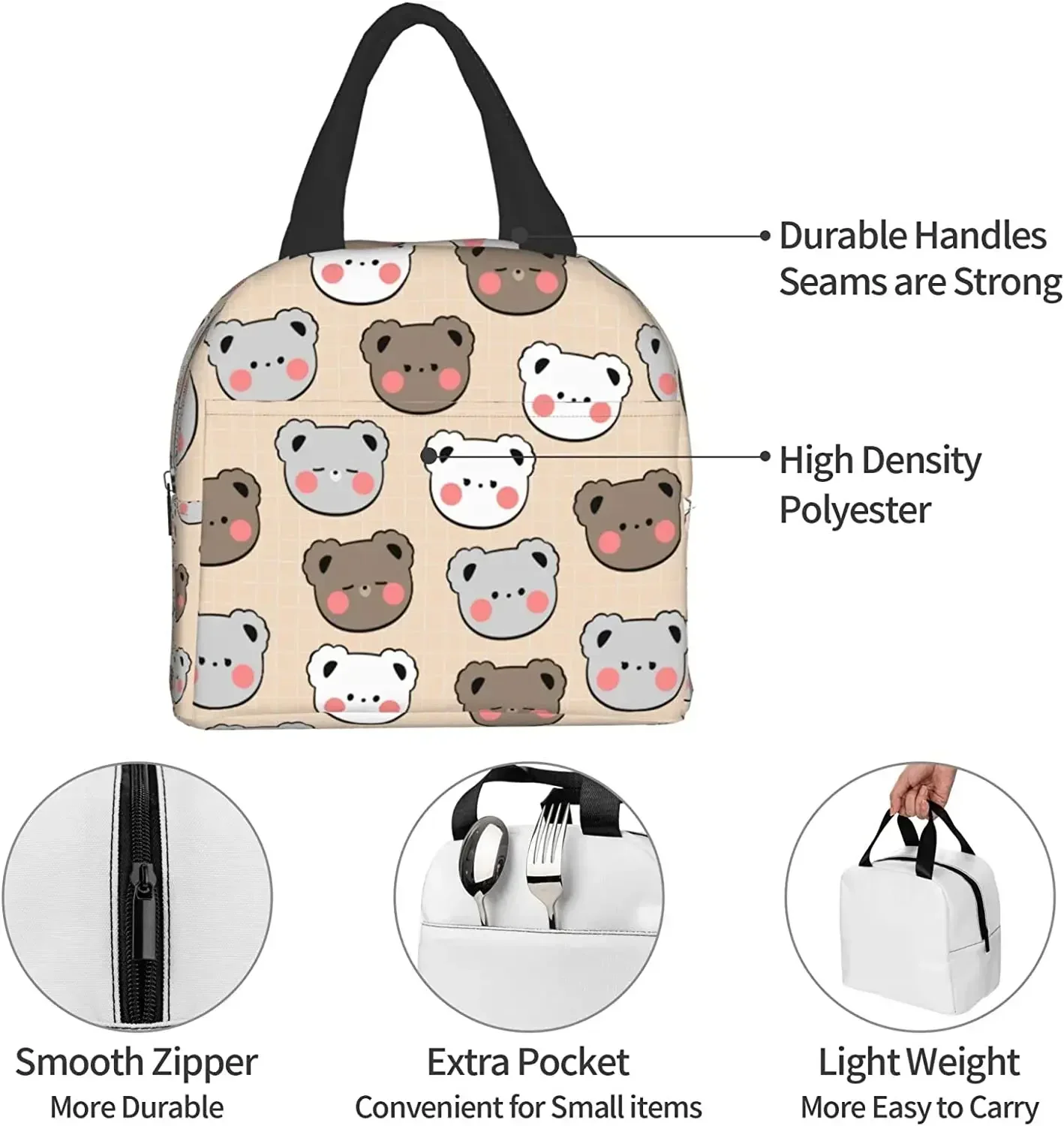 Fiambrera con diseño de oso Kawaii, bolsa Bento, loncheras aisladas, bolsa de almuerzo impermeable reutilizable con bolsillo para escuela, oficina, Picnic