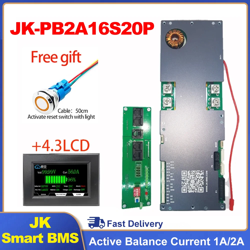 Jk inteligente bms JK-PB2A16S20P lifepo4 li-ion lto bateria 24v 48v 8s/16s 200a energia doméstica bms inversor doméstico balanceador ativo 2a