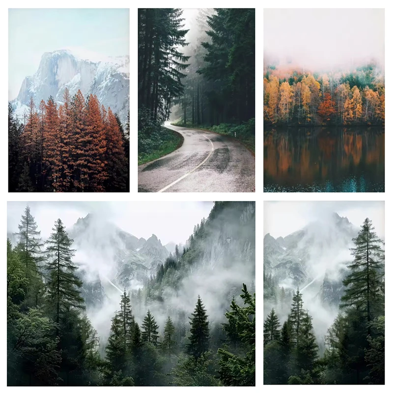 Natural Mountain Foggy Green Forest Canvas Painting Wall Art for Bedroom Office Living Room Landscape Poster and Prints Pictures
