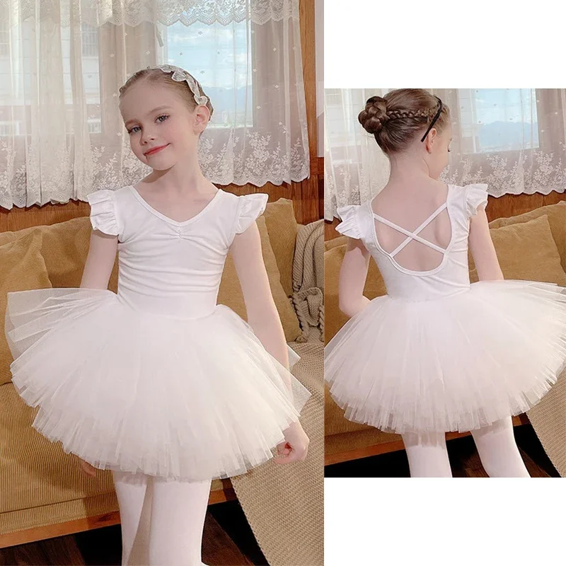 Cute Child Girls Ballet Dancewear Leotard Tutu Backless Tops White Pink Costume for Dancer Gym Train Performance