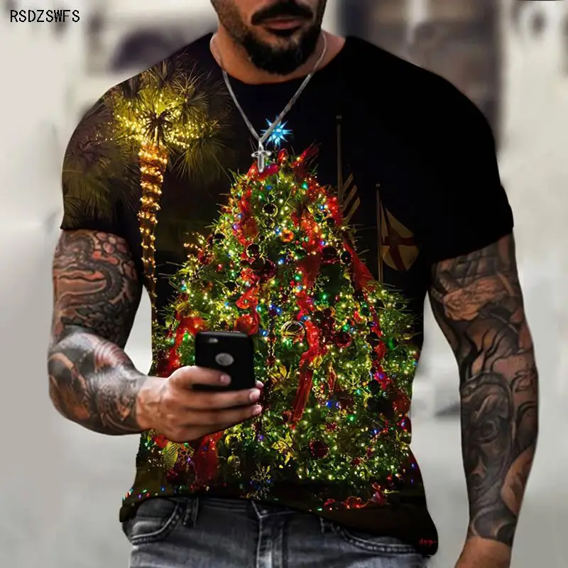 Christmas Carnival New Brand Men's T-shirt 3D Printing Santa Claus Costume Christmas Tree Snowman Atmosphere