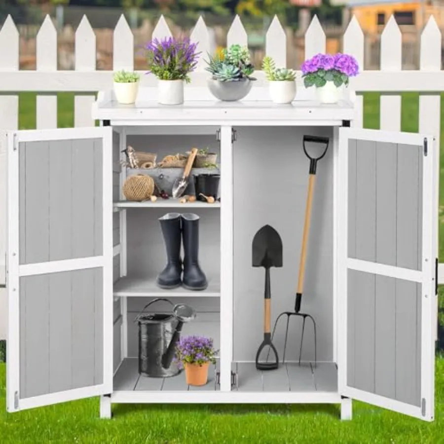 Outdoor Cabinet with Metal Tabletop Garden Potting Bench Table, Outdoor Garden Patio Wooden Storage Cabinet with Adjustable She