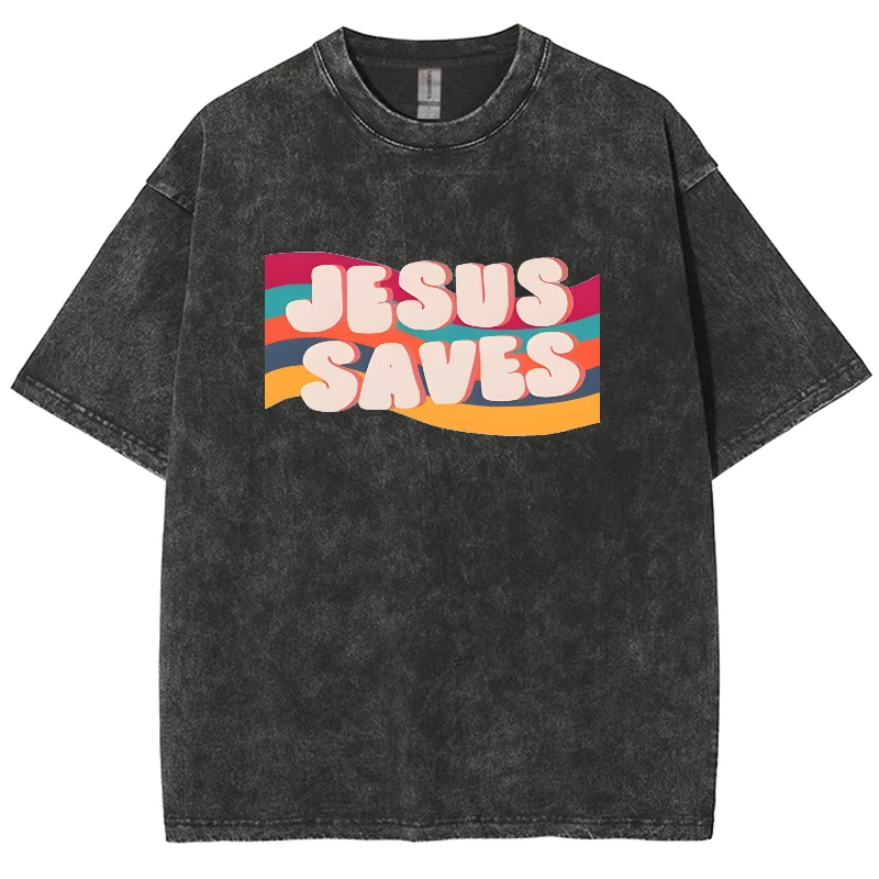 Jesus Saves Y2K 워싱 반팔 티셔츠, 크리에이티브 편안한 유니섹스 빈티지 스트리트웨어, 플러스 사이즈 캐주얼 상의, 새로운 패션