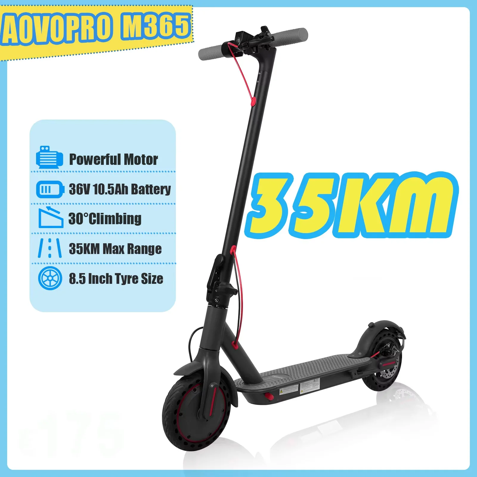 AOVOPRO M365 elektrische scooter voor volwassenen, krachtige motor, 36V, 10,5Ah, hoge capaciteit, actieradius van 35 km, 8,5 inch banden die bestand zijn tegen lekken, bediening via app, elektrische