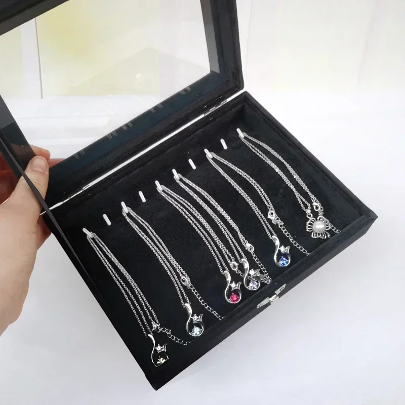 Glass Lid Jewelry Box Stackable Necklace Storage Case, Bracelet And Choker Chain Display Organizer Amagi