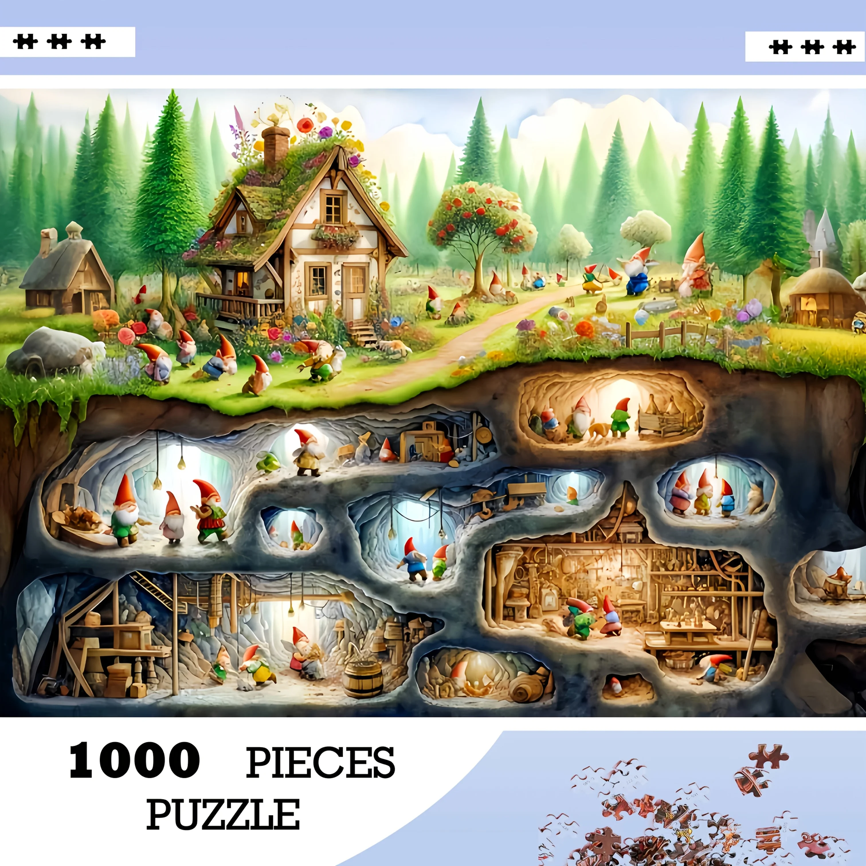 Rompecabezas de cueva de gnomo de 1000 piezas: caprichoso temático enano, cabaña encantadora, brillo mágico, papel duradero, 50.04 cm x 69,85 cm, F