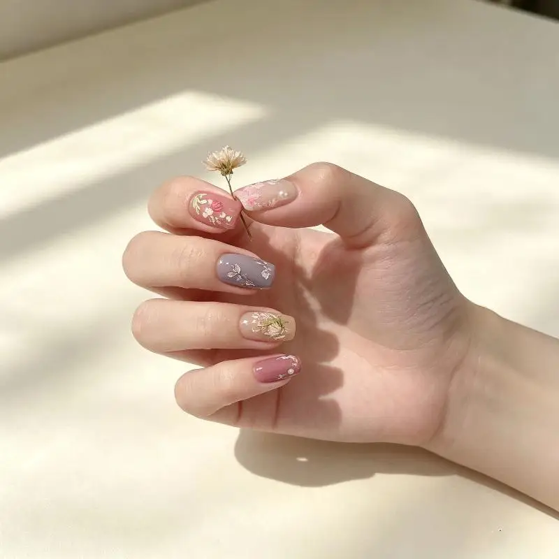 Full Cover Matte False Nails 3D Flower Pattern Square Shape Fake Nails with Free Tool Kit for Beginners