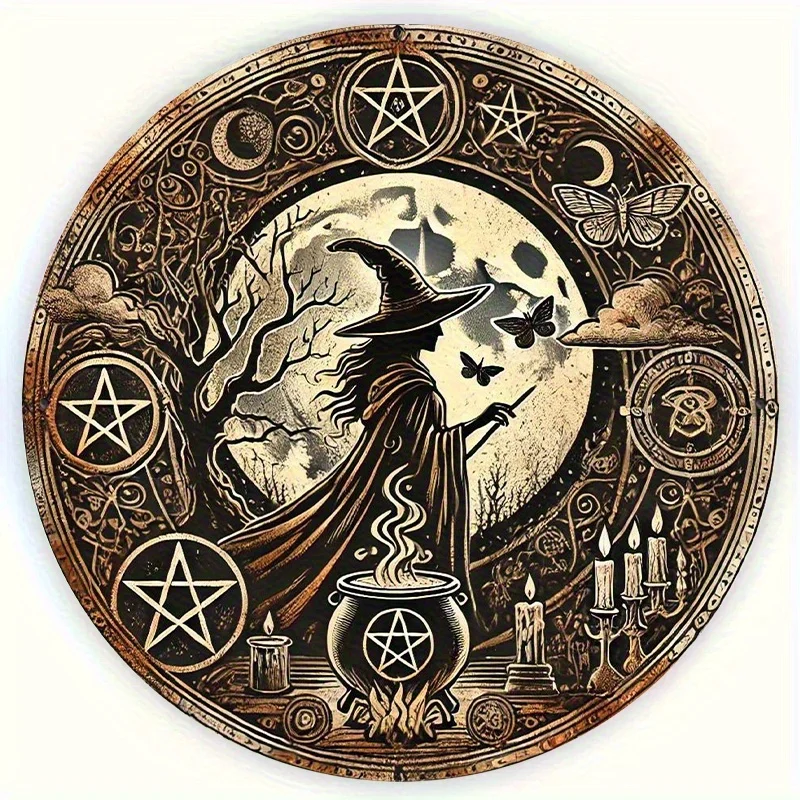One Mysterious Retro Witch Theme Aluminum Wall Art, Aesthetic Round Foil Carving, Witch and Cauldron Design, Home Decor Hanging