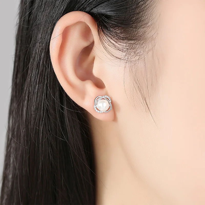 Real 925 Sterling Silver Crystal Jewelry New Cross Circle Pearl Stud Earrings For Women XY0200