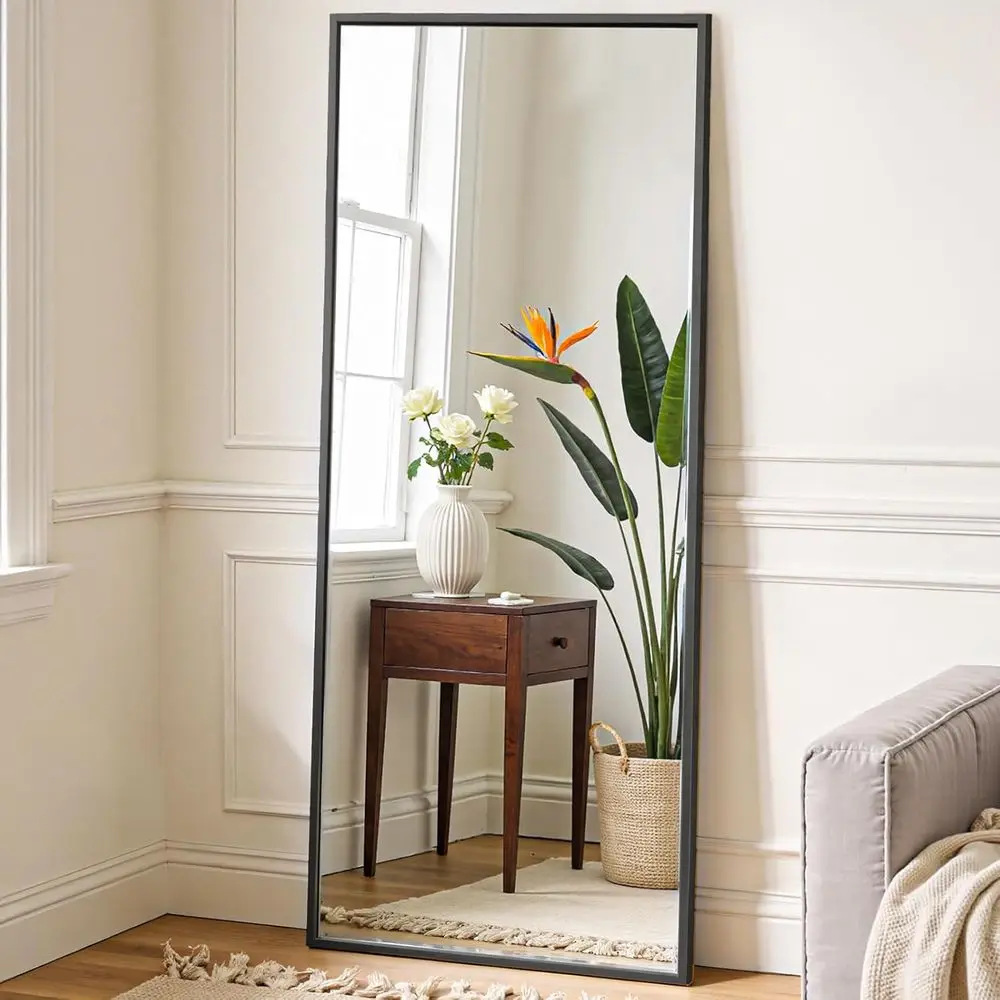 

59.2 Full-Length Bedroom Mirror with Stand, Leaning or Wall-Mount, Black Alloy Frame