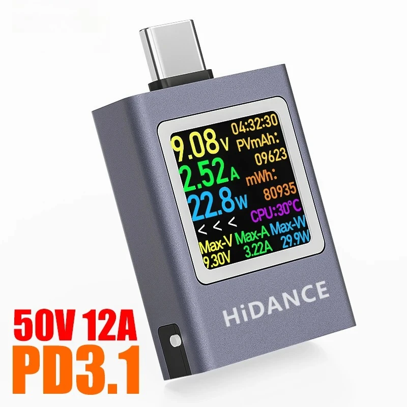 Medidor de Potencia Digital Multifunción 13 en 1, DC 4.5-50V 0-12A, con Pantalla Digital, Amperímetro de Voltaje CC, Cargador de Celulares Tipo-C, Probador PD3.1