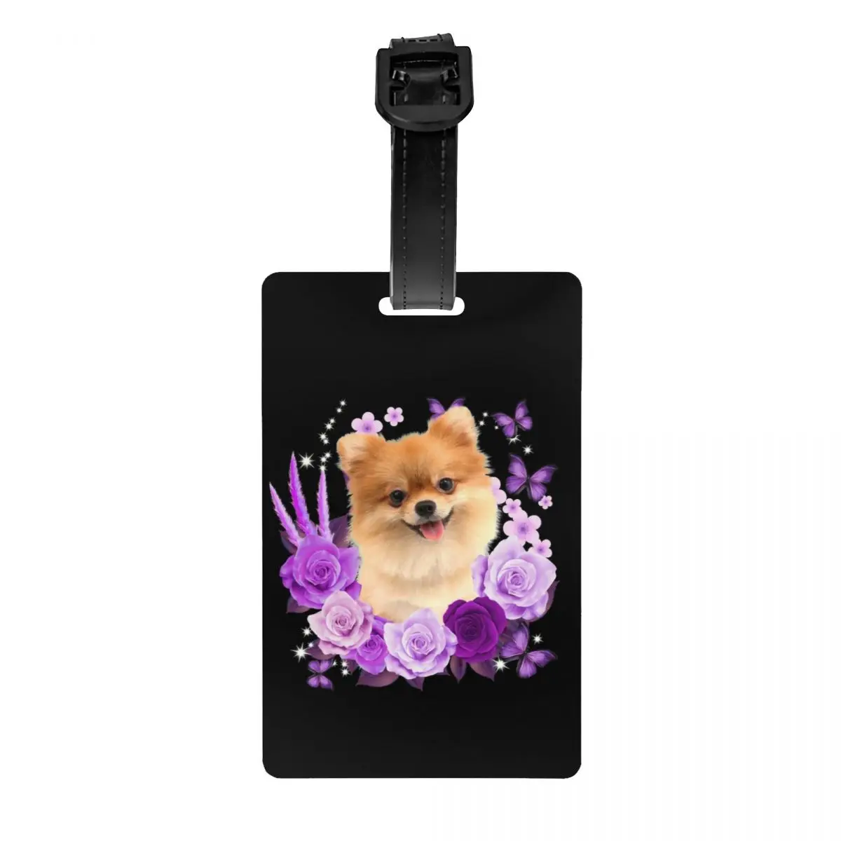 Cane Pomeranian con etichetta per bagagli con fiore di rosa per valigie etichette per bagagli per animali domestici per cuccioli carini copertina per la Privacy carta d'identità con nome