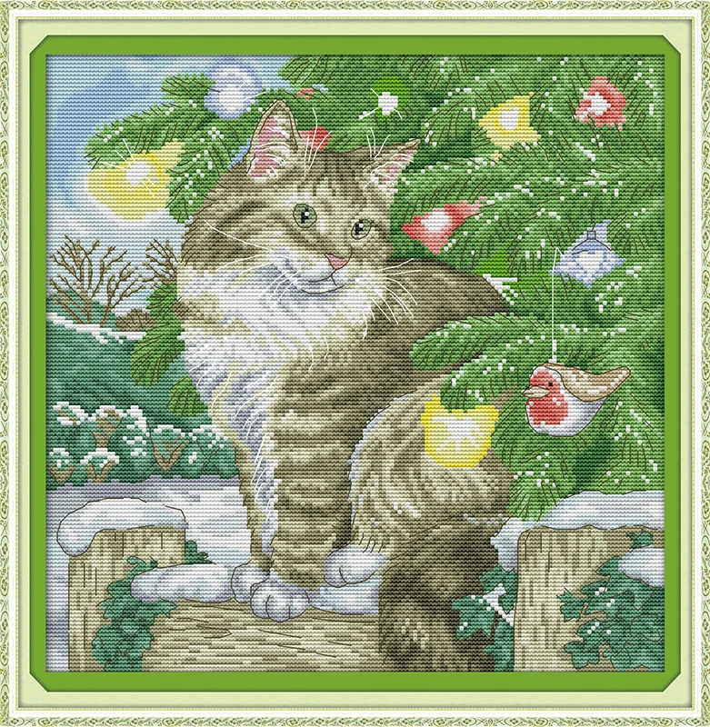 

Joy Sunday New Stamped Cross Stitch Ki,11CT/14CT/16CTDIY Easy Pattern Aida Fabric Embroidery Set-Christmas Cat
