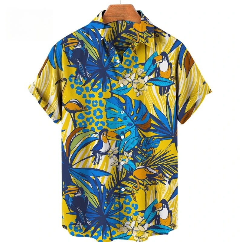 Summer Retro Black and White Tropical Plant Toucan Flamingo Printed Men's Comfortable Casual Shirt