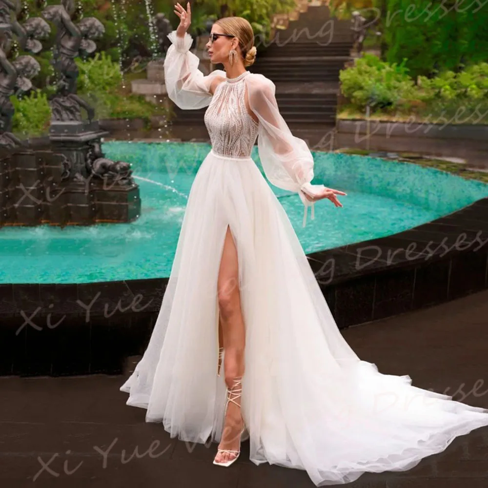 Bellissimi abiti da sposa eleganti da donna A Line graziosi Appliques di pizzo abiti da sposa semplici bottoni collo alto Vestido De Noivas