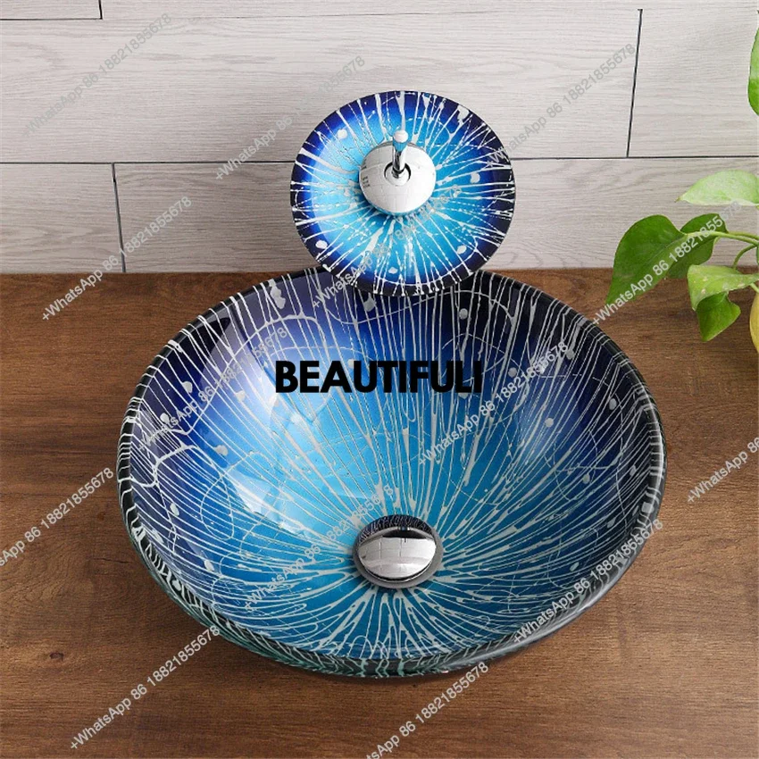 

RR New European style Marble Above Counter Wash Basin hand-painted flame art washbasin Household Bathroom Wash Basin with Faucet