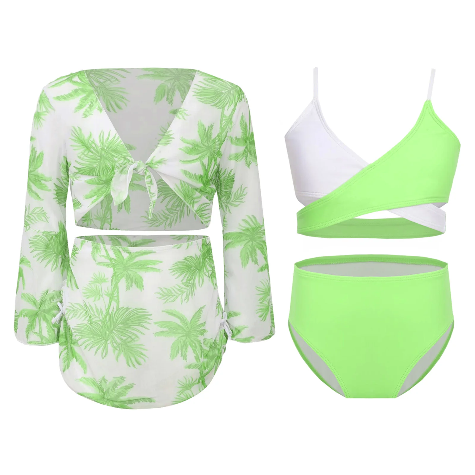 

4Pcs Kids Girls Swimsuit Swim Sets Beachwear Outfits Bikini Top Briefs with Chiffon Cover Up Top and Skirt Bathing Suit Swimwear