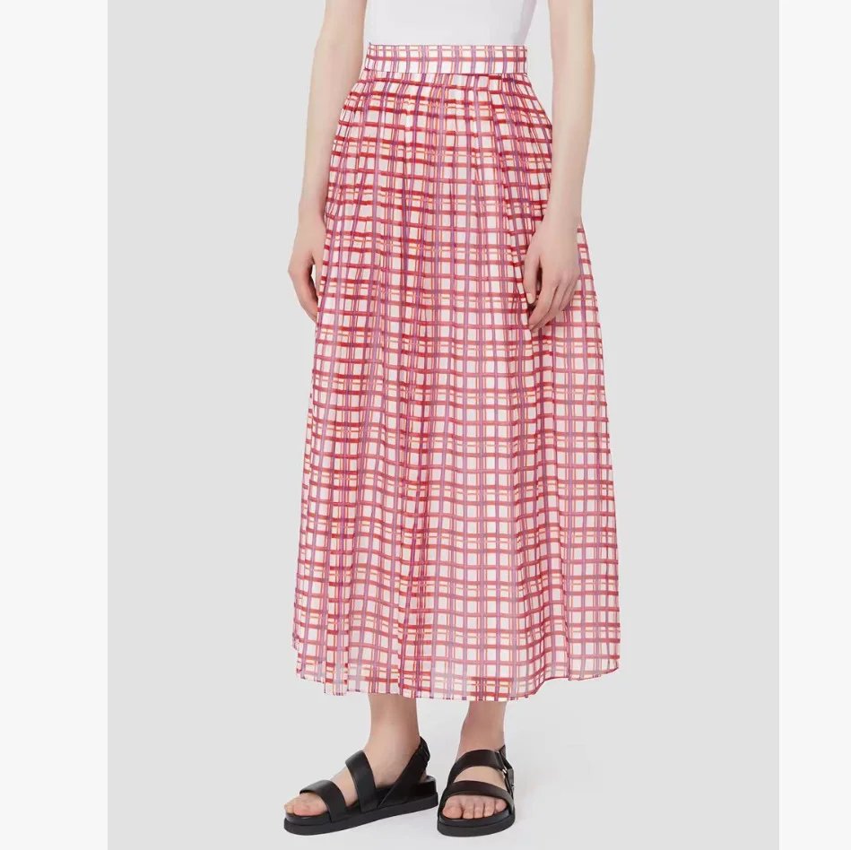 

Withered Summer Literary Style Slimming And Hanging Feeling Red And White Checkered Silk Cotton Blended A-line Skirt