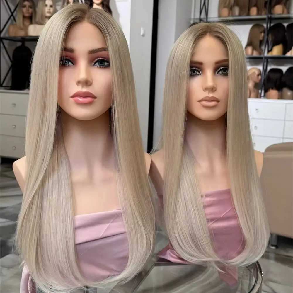 

26 Inches Soft Long Straight Wig 13x4 Ombre Platinum Blonde Synthetic Swiss HD Lace Front Wig for Women Party Cosplay Daily Wig
