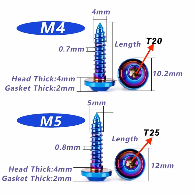 1 Pcs M4/M5 Titanium Alloy Multi Color Bolts and Self Tapping Screws 12~35mm Suitable for Bicycles Motorcycles and Automobiles