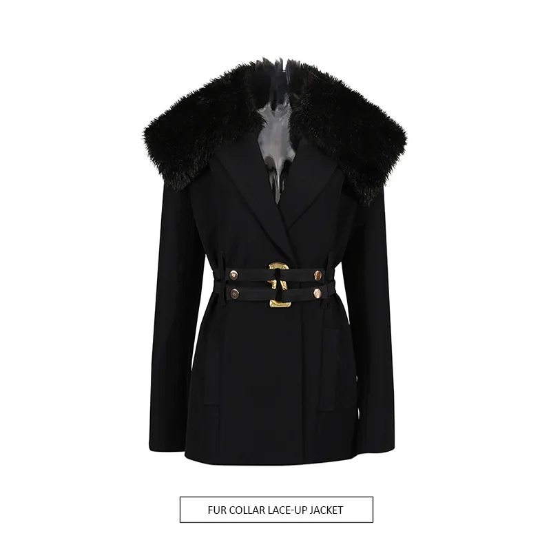 ZAMOR HIGH QUALITY Women's Design Sense Belted Waist Blazer 2026 New Detachable Fur Collar Long Sleeve Slim Suit Coat