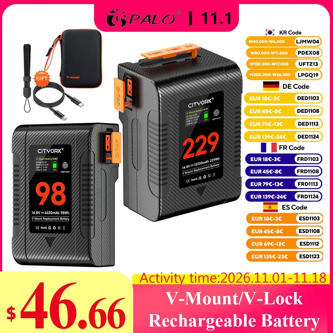 V Mount Battery BP-98 BP-229 Mini V-Mount Battery with PD 65W USB-C Fast Charging for Video Camera Camcorder Broadcast LED Light