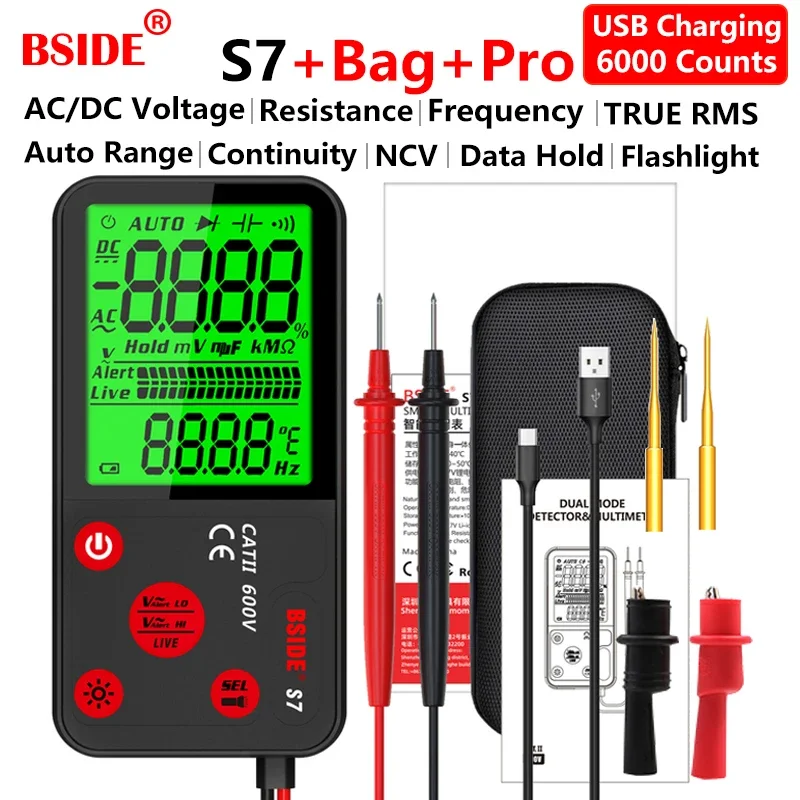BSIDE S7 Digital Multimeter - Auto Range USB Rechargeable AC DC Voltage Ohm Hz NCV True RMS Electrician Tool