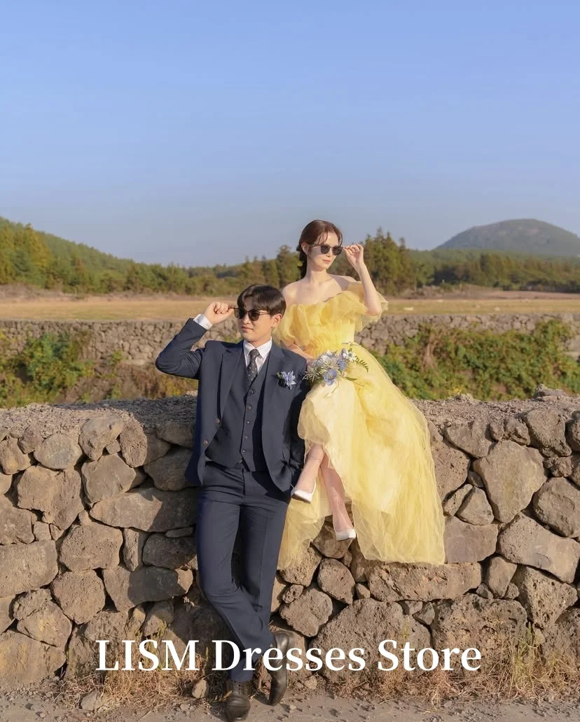 LISM Abiti da sposa semplici a-line coreani Servizio fotografico Tulle Abiti da sera lunghi fino al pavimento con colletto a una lineaCorsetti personalizzati