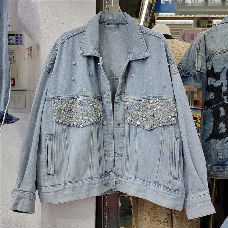 

Vintage Blue Heavy Work Diamonds Denim Jacket Women Loose Short Cowboy Outerwear Spring Autumn Casual Jeans Jacket Coat Female