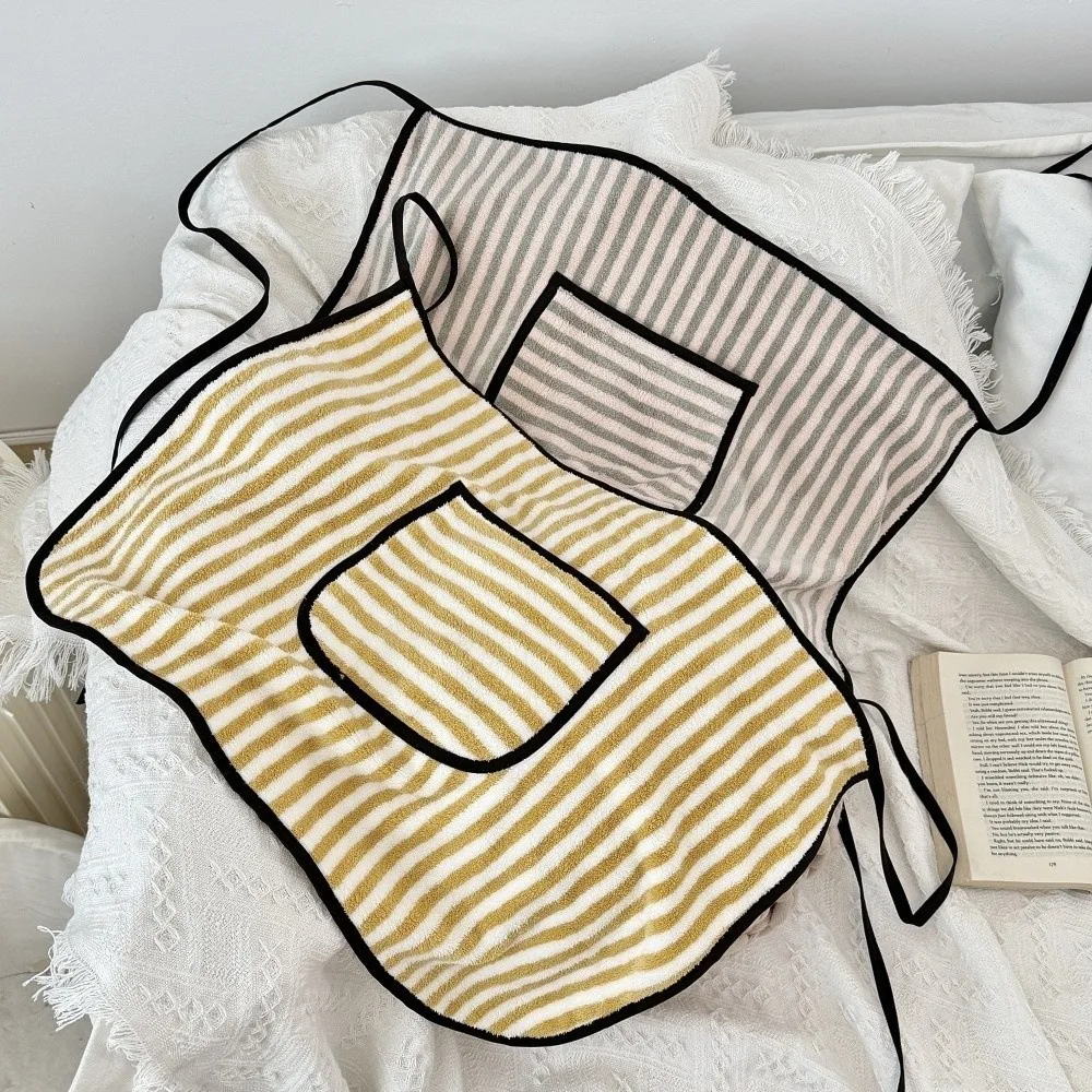 Korean Style Coral Fleece Fabric Half Apron Short Length Striped Pattern Kitchen Apron Water-Absorbent Waist Apron Housework Use